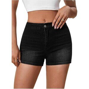 Dark Black Women's High Waist Denim Shorts Straight Leg Roll Up Hem Button Jean